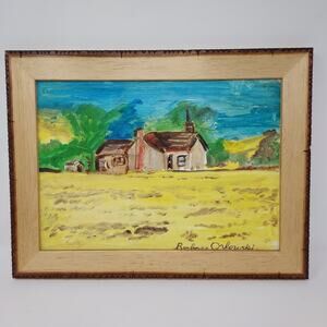 Small Colorful Painting House Rustic Frame Naive Folk Art Style Signed 13" x 17"
